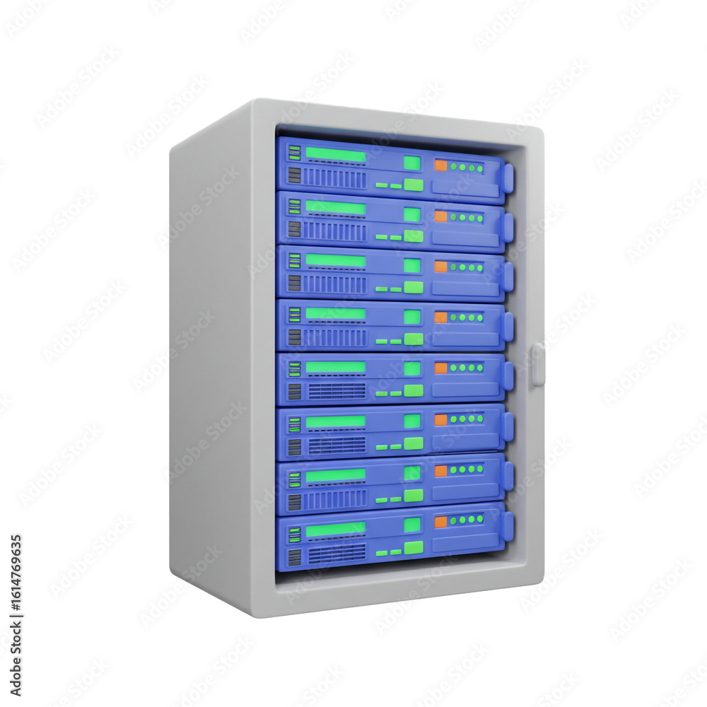 Poster a stylized server rack illustration showcasing data storage and network infrastructure in a modern d