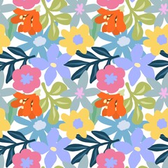seamless hand-painted floral pattern bursts with cheerful colors including pink, purple, blue, yellow, orange, and soft greens. Designed with a charming continuous repeat, it's ideal for fabric prints