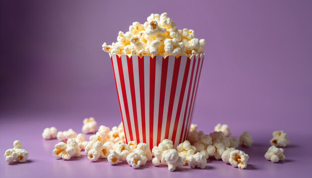 Classic movie theater popcorn in red, white striped bucket, overflowing with fluffy kernels. Scattered popcorn surrounds container on purple backdrop. Salty, buttery snack perfect for cinema home - Powered by Adobe