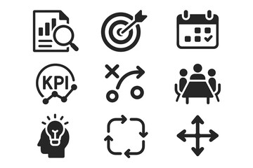 Business icons set: graph, target, calendar, kpi, strategy, meeting, innovation, workflow, direction