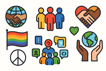 Fototapeta premium Diversity and unity symbols featuring peace, inclusivity, and community icons