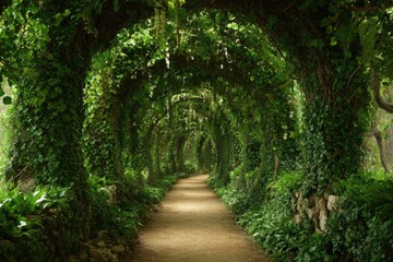 Fototapeta premium Lush green tunnel pathway in a garden