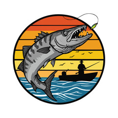 Barracuda leaping to catch a fishing lure, retro style
