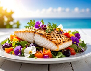 Grilled fish with colorful salad by the ocean