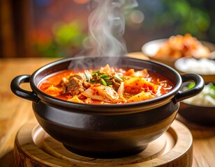 Hot steaming kimchi stew in a pot