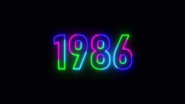 1986 neon line text. Abstract 1986 neon text animation ,For neon color Glowing neon number text background 4k video animation .Digital font against a dark background with neon line looping animation.