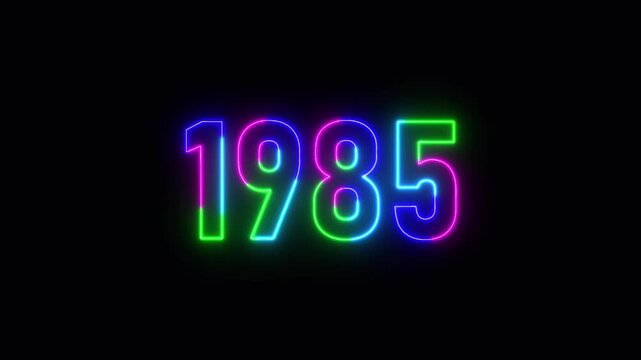 1985 neon line text. Abstract 1985 neon text animation ,For neon color Glowing neon number text background 4k video animation .Digital font against a dark background with neon line looping animation.