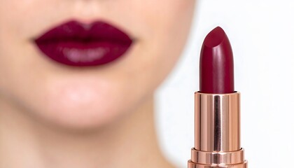 Obraz premium Burgundy Lipstick Close-up with Lips in Background, Isolated on White Background