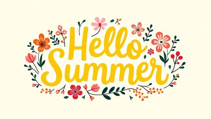 Bright Summer Floral Card with Tropical Leaves and Colorful Blooms