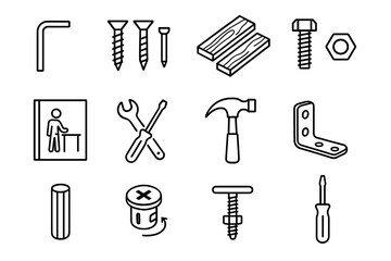 Obraz premium Set of line art tools and fasteners for construction and diy projects