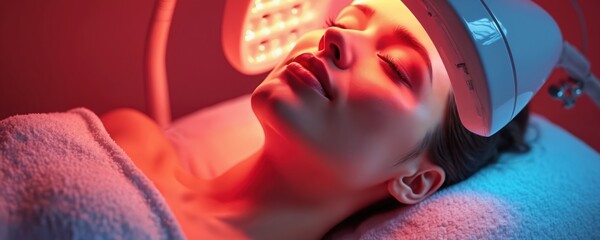 Young woman enjoys rejuvenating red light therapy facial treatment in calm spa setting. Experience enhanced skin beauty, wellness, relaxation with advanced technology, promoting fresh, glowing