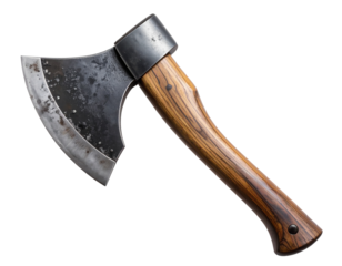  Single-Blade Axe with Rustic Wooden Handle, Angled Side View, Isolated