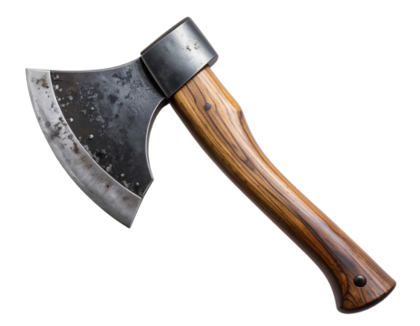  Single-Blade Axe with Rustic Wooden Handle, Angled Side View, Isolated
