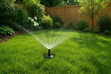 Lawn sprinkler spraying water in green backyard garden. Wooden fence, flowers, and trees in background. Concept of gardening, irrigation, and home landscaping