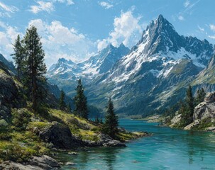 Serene alpine lake nestled amongst majestic snow-capped peaks under a vibrant sky