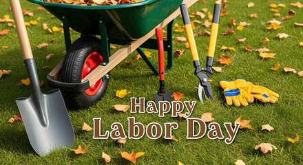 Happy Labor Day Garden Scene with Wheelbarrow and Tools on Green Grass