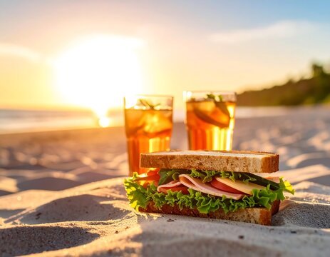 Sunset beach picnic with sandwich and iced tea - Powered by Adobe