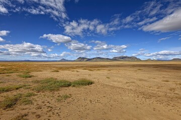 Expansive, flat terrain under a vibrant blue sky dotted with fluffy clouds, mountains in the distance