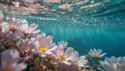 Underwater pink daisies with sunlight streaming through clear blue water