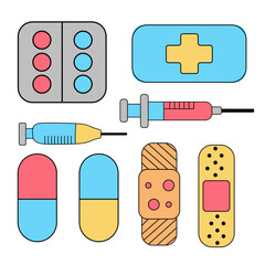 Medical equipment set. Pills, plasters and syringes. First aid kit.