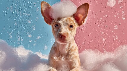 Puppy in a Bubble Bath with Pink and Blue Background