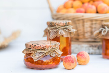 Preservation and summer harvest. Homemade healthy jelly, apricot jam. Preparing jars. Sweets and fruits.