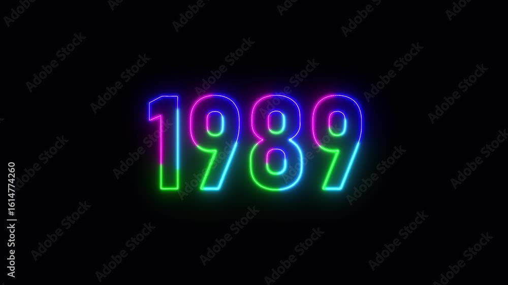 Poster 1989 neon line text. abstract 1989 neon text animation ,for neon color glowing neon number text back