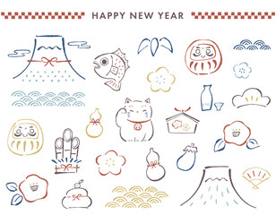 日本のお正月、新年の縁起物などのイラストセット。手描きのゆるい線画、モダンな和の配色。