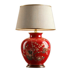 Red floral table lamp with cream shade