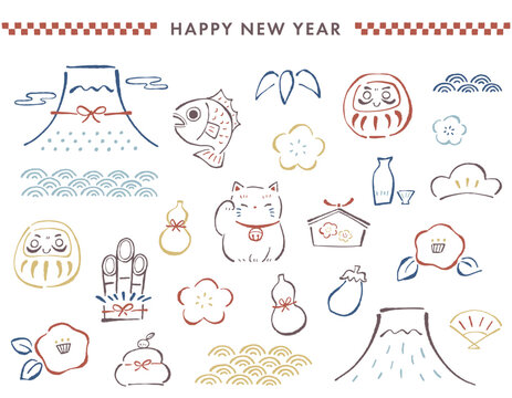 日本のお正月、新年の縁起物などのイラストセット。手描きのゆるい線画、モダンな和の配色。