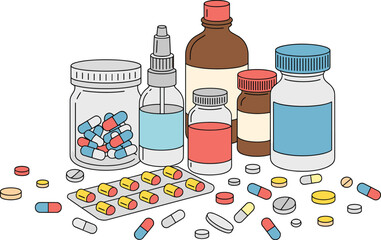 CAD Drawing Flat Vector Illustration, Medical Supplies and Pills Set, Pharmaceutical Bottles and Containers, Healthcare Medication Design, Pharmacy Concept Art