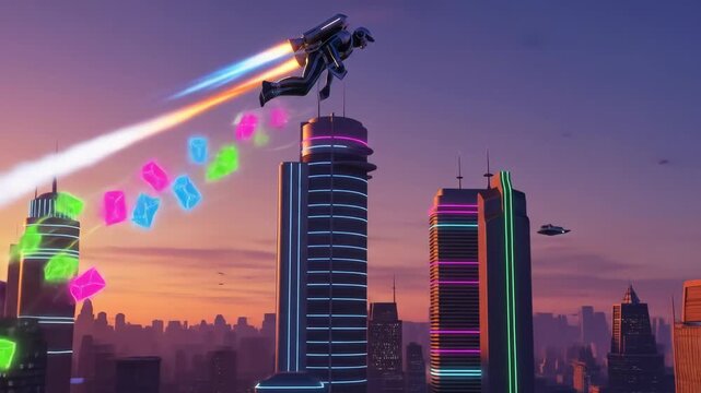 Retro futuristic twilight cityscape with jetpack flyers synthwave visuals for digital art music videos or wallpaper