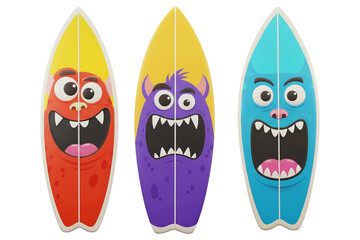 3D cartoon colorful surfboards set with cute monsters isolated on transparent background, PNG file add