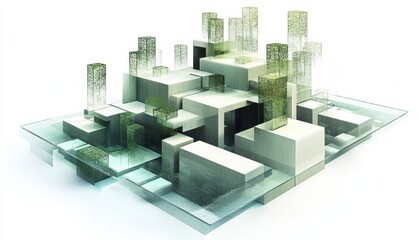 Fototapeta premium Dynamic modular art illustration of cascading blocks in urban landscape futuristic environment conceptual design