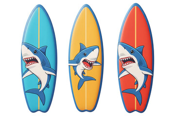 3D cartoon colorful surfboards set with sharks isolated on transparent background, PNG file add