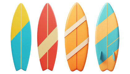 3D cartoon colorful surfboards set isolated on transparent background, PNG file add