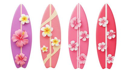 3D cartoon colorful surfboards set isolated on transparent background, PNG file add