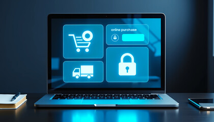Secure checkout screen interface on laptop with glowing icons of cart, delivery, and lock; dark background with blue neon highlights. Safe Black Friday transaction..
