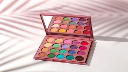 Naklejka premium Colorful Eyeshadow Palette with Mirror and Tropical Shadow Adds a Touch of Glamour and Vacation Vibes to Beauty Routine