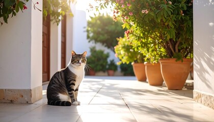 A cat sits on a patio, sunlight streams through the trees