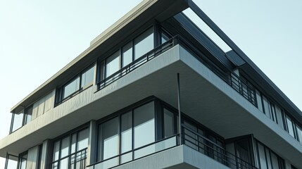 Obraz premium Modern three story building with gray walls and black metal accents, architectural structure with copy space