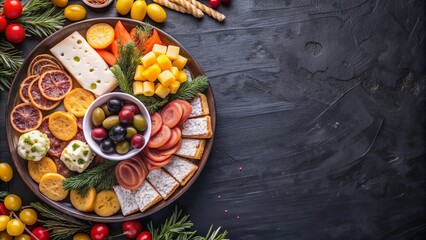 Fototapeta premium Festive holiday appetizer platter with cheese and olives for entertaining with copy space