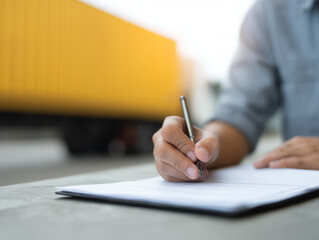 Hand writing on cargo management form with pen, logistics document, outdoor, truck background, business concept