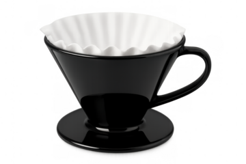 Black Coffee Dripper with Paper Filter on Transparent Background