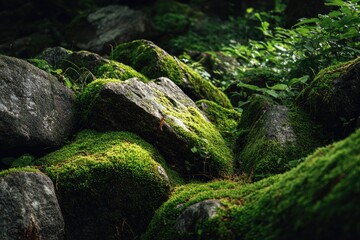 Obraz premium Lush green moss blankets dark stones in a shaded, damp environment