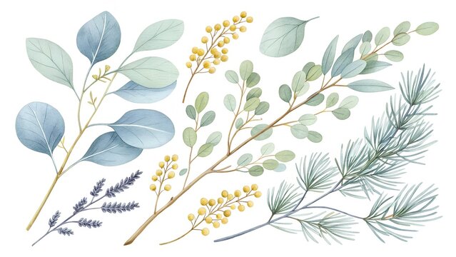 Delicate watercolor botanicals featuring eucalyptus, mimosa, lavender, and pine sprigs for elegant design projects and natural themes