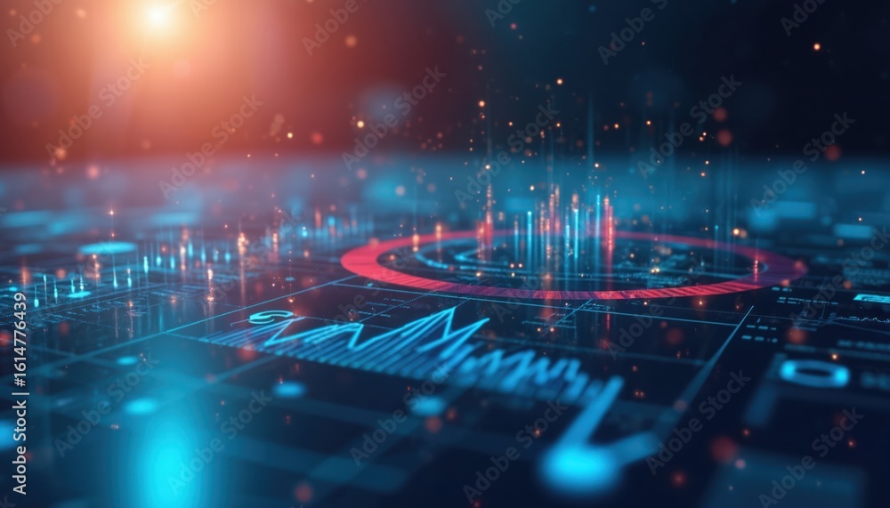Poster abstract digital visualization displays glowing charts, graphs with light flares. futuristic data ga