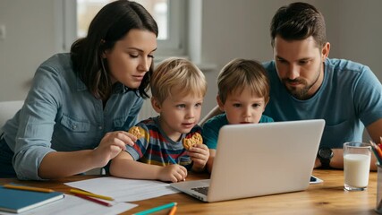 A family of four, parents and two young sons, gather around a laptop for an activity, sharing cookies and milk - Powered by Adobe
