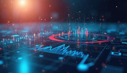 Abstract digital visualization displays glowing charts, graphs with light flares. Futuristic data gathering, statistical analysis, financial accounting, market growth research themes prominent.