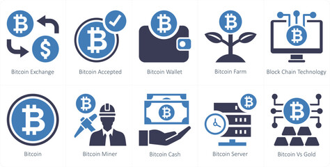 A set of 10 mix icons as bitcoin exchange, bitcoin accepted, bitcoin wallet